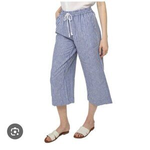 830. Beach Lunch Lounge Blue White Striped Cropped Linen Blend Pants XL